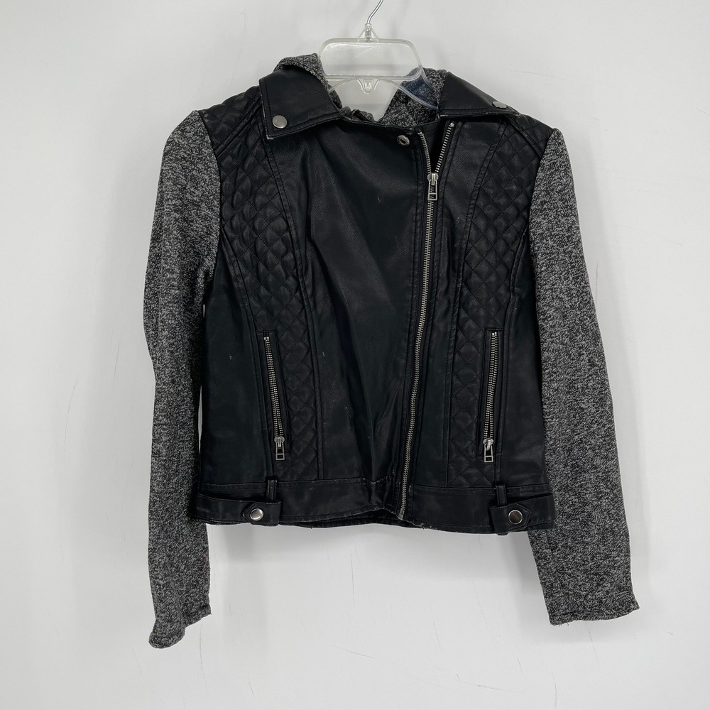 Bongo Women's Black Quilted Mixed Media Faux Leather Hooded Moto Jacket Size M